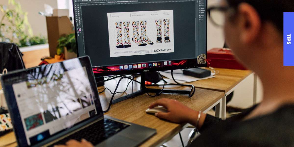 Designing Custom Promotional Socks A designer working on a vibrant custom sock design on a computer screen, illustrating the endless creative possibilities for promotional gifts.