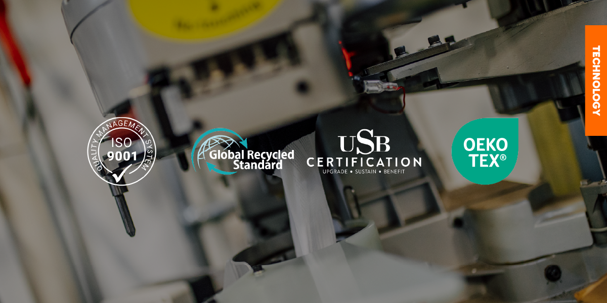 ISO 9001, GRS, and OEKO-TEX Certification Standards A close-up of a sock knitting machine with ISO 9001, OEKO-TEX, and GRS logos superimposed, highlighting our commitment to certified manufacturing standards.